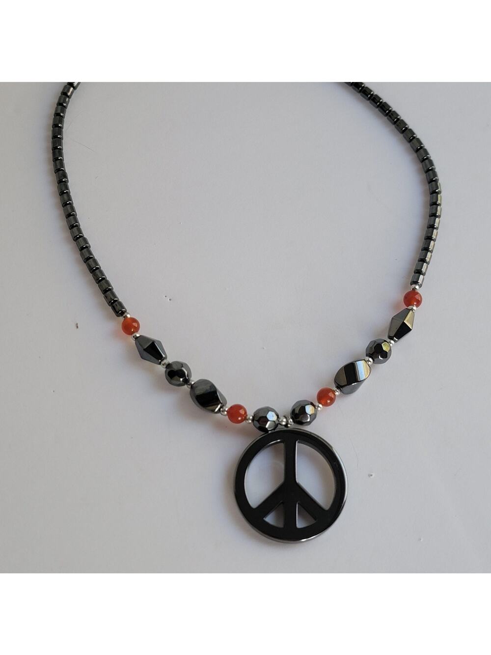Black Hematite Peace Sign Beaded Pendant Necklace Barrel Clasp 18 In Jewelry